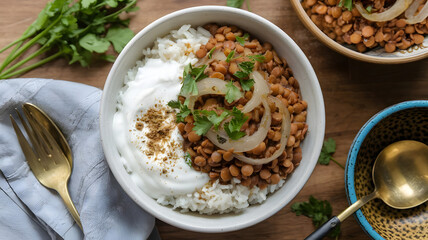 A bowl of Middle Eastern mujaddara with lentils, rice, and caramelized onions, garnished with a sprinkle of cumin and parsley, served with yogurt sauce.