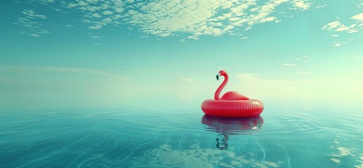 A pink flamingo inflatable raft floats on calm turquoise water with a cloudy sky above.