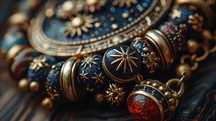 Intricate antique jewelry showcasing detailed craftsmanship and vibrant colors, perfect for stylized fashion and art photography.