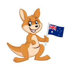 Cute cartoon kangaroo holding Australian flag. Illustration isolated on white background.