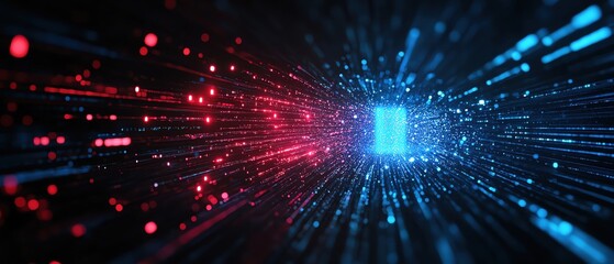Fototapeta premium Futuristic digital tunnel with glowing particles in red and blue, representing data flow and technology advancements.