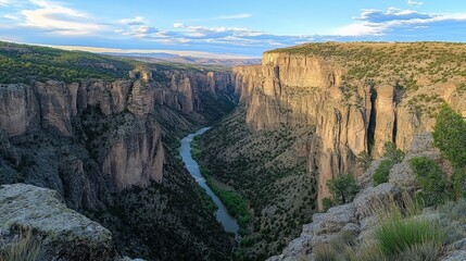 Majestic Canyon Landscape: Scenic Panorama of Deep Gorge with Serpentine River and towering Cliffs.