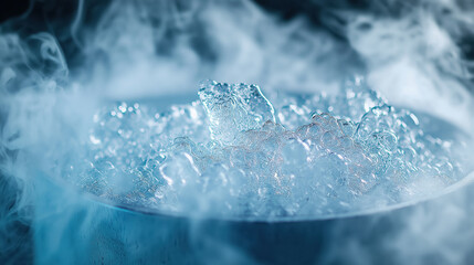 Bubbling water in a steel pot with rising steam, captured in a moment of boiling, with a cool blue light reflecting off the bubbles and vapor.