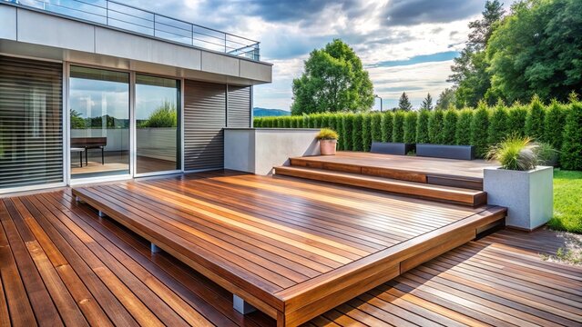 Wooden terrace with modern galvanized steel edge finish perfect for outdoor relaxation and entertainment