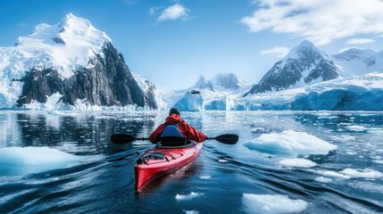 Adventurous Kayaker Exploring Icy Waters Amid Glaciers and Snow-Capped Mountains