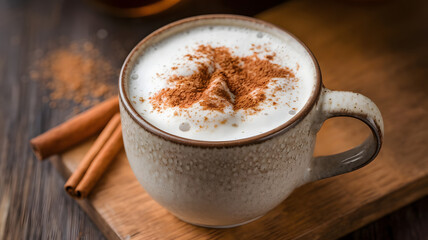 A cup of chai tea latte with frothy milk and a dusting of cinnamon, served in a ceramic mug with a cinnamon stick on the side.