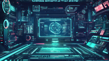 Vector Background with Futuristic Holographic Interfaces, Neon Greens and Blues, High-Tech Theme