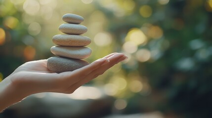 Obraz premium Hand balancing a small stack of smooth stones, symbolizing mindfulness, with a blurred nature background, photorealistic.