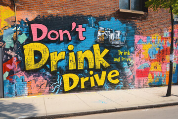 Street Mural Displaying Bold "Don't Drink and Drive" Message with Colorful Graffiti in Urban Setting