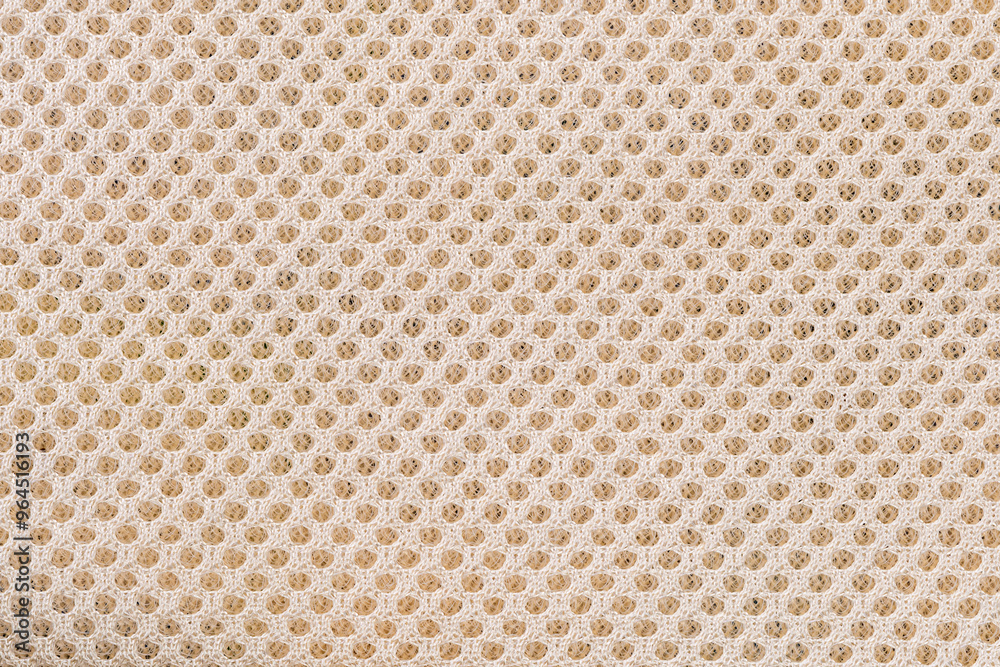 Sticker top view closeup texture of brown mesh laundry bag background. mesh laundry bag using to protect del