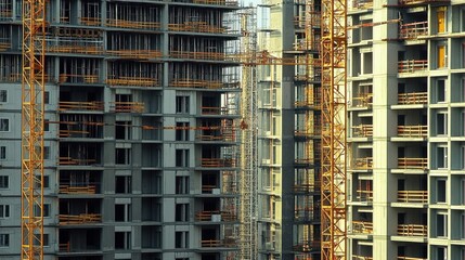 Obraz premium High-rise apartment building under construction. Multiple floors take shape as cranes and workers coordinate efforts, showcasing the rise of modern living spaces in a dense urban environment
