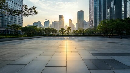 Spacious empty plaza surrounded by modern skyscrapers and trees, illuminated by the soft light of sunrise in an urban setting.