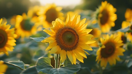 Obraz premium Close-up of bright sunflowers illuminated by soft, warm sunlight in a peaceful field, showcasing nature's beauty and vibrance.