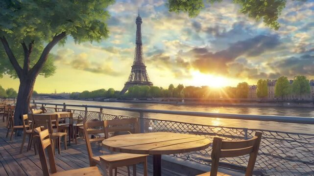 A comfortable atmosphere in an aesthetic cafe restaurant on the banks of a large river with a view of the Eiffel Tower at sunset. Seamless 4K looping timelapse video animation background
