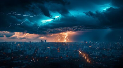 Fototapeta premium Dramatic Thunderstorm Lighting Up the Distant City Skyline at Night