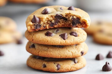 A stack of gluten free almond flour chocolate chip cookies, with one broken open to show the inside