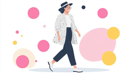 Stylish Woman Walking in Polka Dot Coat and Black Hat - Modern Fashion Illustration