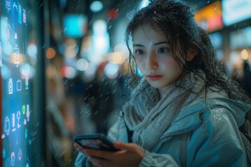 a young woman looking at her phone. Floating social media icons appear around her