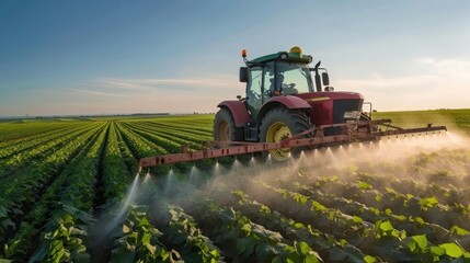 Fototapeta premium A tractor applying pesticides to a vibrant soybean field in spring. Concept Farming, Agriculture, Pesticides, Tractor, Soybean Field 