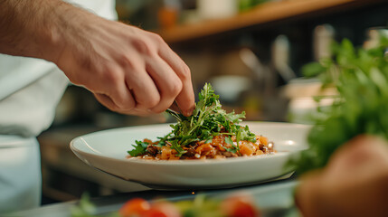 Close-up of chef's hand garnishing a seasonal dish with fresh herbs in a farm-to-table kitchen

