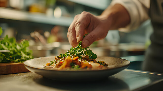 Close-up of chef's hand garnishing a seasonal dish with fresh herbs in a farm-to-table kitchen

