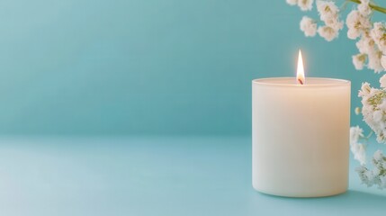 A serene white candle lit on a soft turquoise background, surrounded by delicate flowers, perfect for relaxation and tranquility.