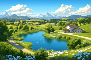 Obraz premium A serene landscape with a small lake and a house in the distance. The scene is peaceful and calming, with the water reflecting the surrounding trees and mountains