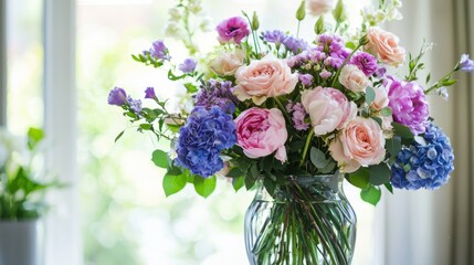 A beautifully arranged bouquet of fresh flowers in a vase on a dining table, showcasing an elegant and well-composed floral arrangement