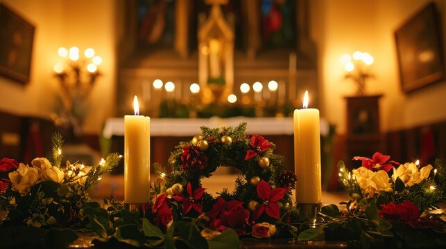 A church altar adorned with seasonal decorations and an Advent wreath, with its candles lit, representing the religious observance and preparation for Christmas