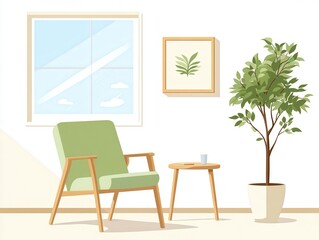 Bright living space featuring a green armchair, potted plant, and framed artwork, perfect for modern home decor.