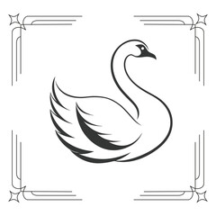 Sleek vector illustration of a graceful swan in minimalist line art, bold black silhouette.