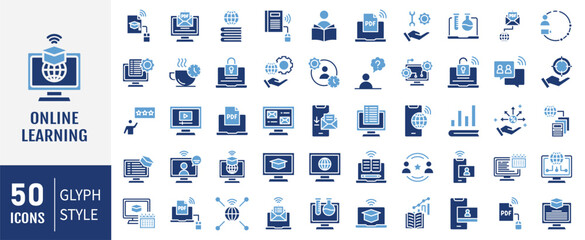 Online learning solid icon set. Containing icons: distance learning, virtual classroom, online course, e-learning and more. Vector illustration.