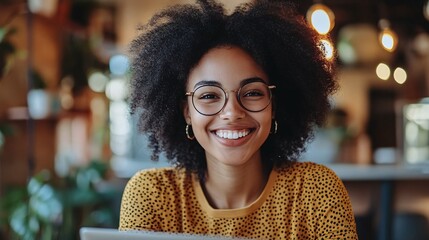 Smiling young woman working on laptop in a cozy workspace, concept of creativity, remote work, and modern professional lifestyle
