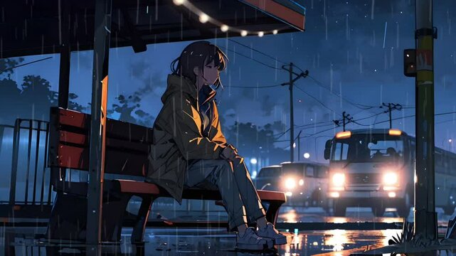 A girl sits at a bus stop during a rainy night. anime style. Seamless 4K looping timelapse video animation background