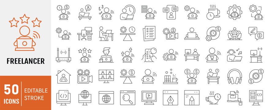 Freelancer icon set. Containing self employed, independent work, professional, website, worker, skills icon. Simple line vector illustration.