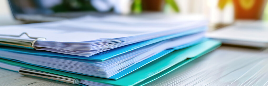 Close up of a stack of blue folders on a desk, with a laptop and a plant in the background.