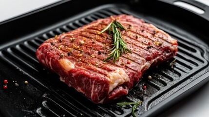 Raw Steak on a Black Grill Pan