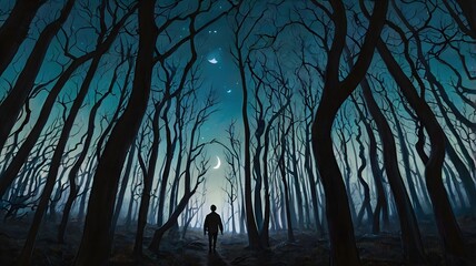 Obraz premium A dreamlike painting of a person walking through a forest of skeletal trees, with a crescent moon hanging low in the sky, perfect for Halloween
