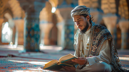 Man Reading Quran in Mosque: Spiritual Reflection and Tradition in Islamic Culture