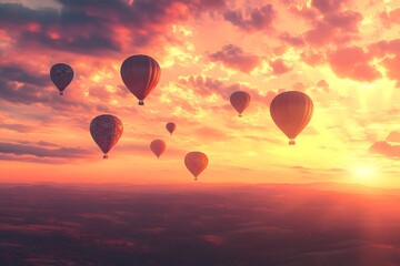 Obraz premium Heißluftballons im sonnigen Himmel bei Sonnenaufgang – Atemberaubende Luftansicht
