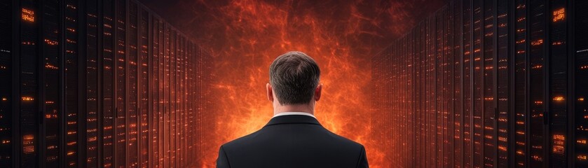 A man in a suit stands before a wall of servers with a fiery background, symbolizing data security, technology, and cyber threats.