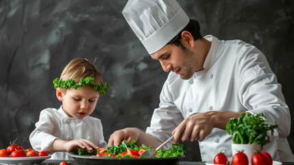 Father and Son Chefs Preparing Fresh Salad in Professional Kitchen