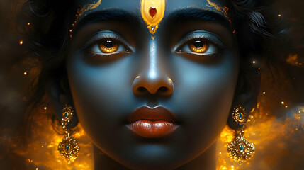 A portrait of a woman with striking features and ornate jewelry, evoking cultural symbolism.