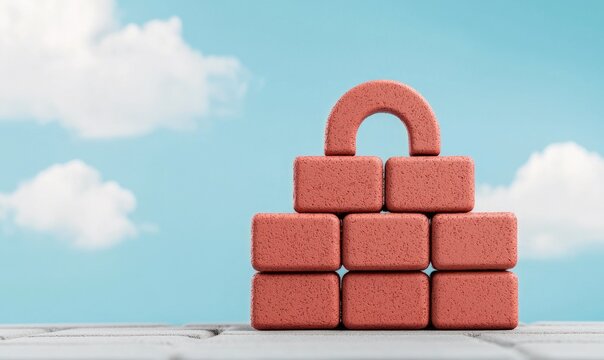 Brick lock structure against blue sky with clouds, symbolizing security, protection, and stability with a soft and minimalistic background.
