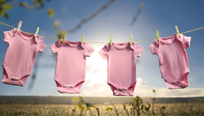 baby, kleidung, wäscheleine, Bodys, reihe, neu, close up, himmel, rosa, pink, mädchen, girly, wäsche, erhängen, leitung, abtrocknen, seil, dörren, socke, hemd, blau, wäscheklammer, viele, ad, 3d, süss