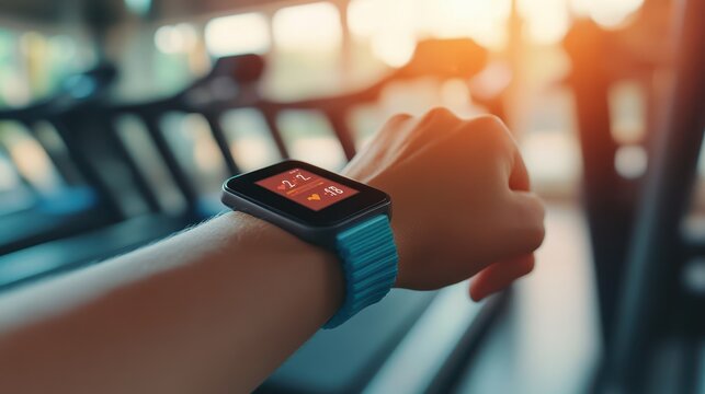 Fitness tracker on wrist showing heart rate, blurred treadmill and gym background, sharp focus on technology, modern fitness style.