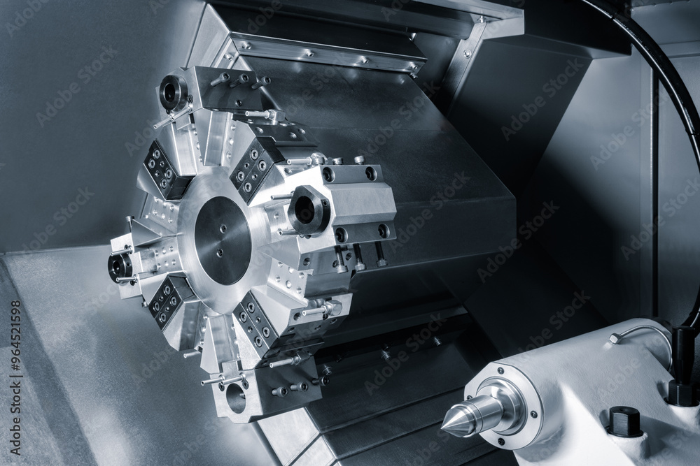 Poster industrial modern cnc machine close up, drum type chuck for multiple tools