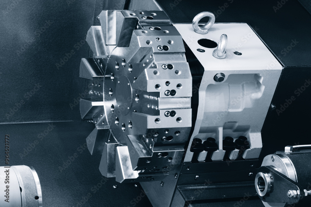 Poster industrial modern cnc machine close up, drum type chuck for multiple tools
