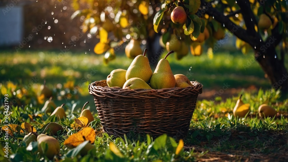 Wall mural ripe pears are gathered in a wicker basket under a pear tree on a sunny day