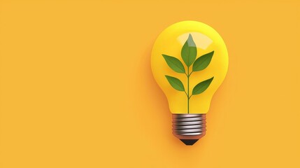 Eco-friendly light bulb with a plant inside, symbolizing green energy and sustainability on a bright yellow background.